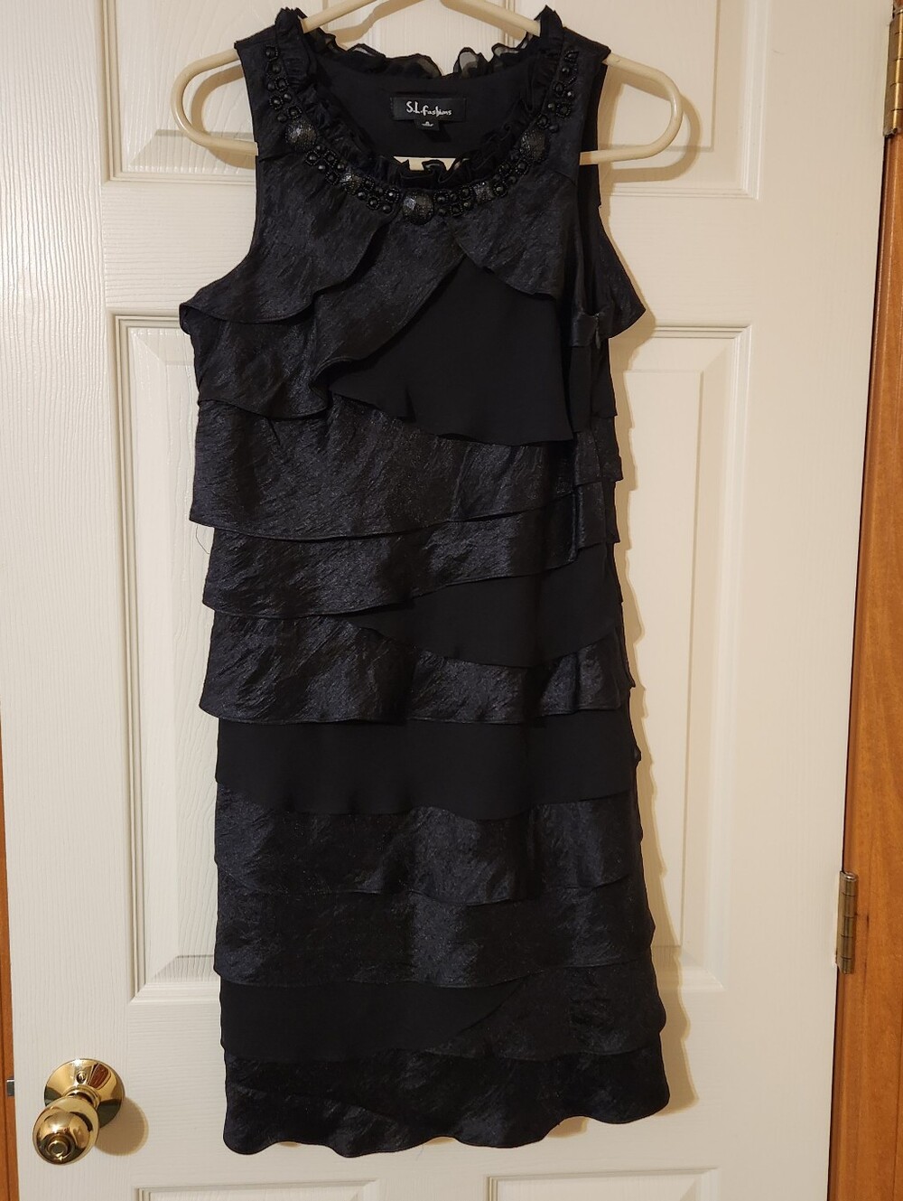 SL Fashions Black Ruffled Tier Beaded Dress Sz 8 Event Wedding Guest
